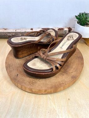 Vintage No Boundaries Leather Wooden Wedge Sandals - Size 7.5 - Boho Y2K